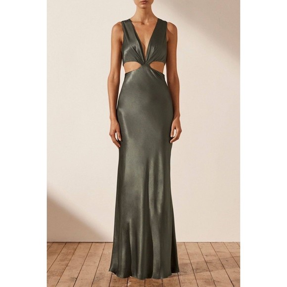 Shona Joy Dresses & Skirts - Shona Joy La Lune Plunged Cut Out Maxi Dress - Olive/Grey Size US 4